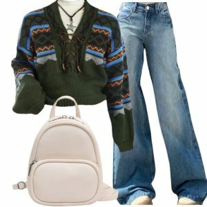 90s Y2K Outfit: Forest Fair Isle Lace-Up Sweater & Light Wash Wide-Leg Jeans