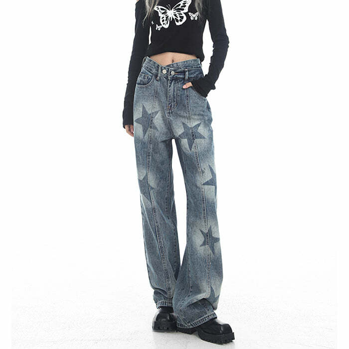 Aesthetic Star Washed Baggy Jeans for Y2K and 90s Fashion Lovers