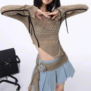 Asymmetrical Strap Detail Knit Top - Y2K Fashion Essential for Summer Outfits