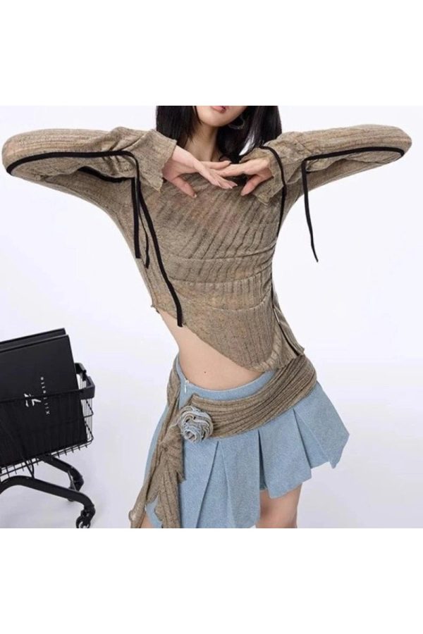 Asymmetrical Strap Detail Knit Top - Y2K Fashion Essential for Summer Outfits