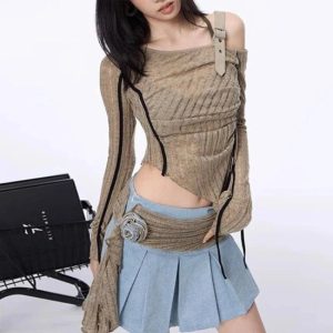 Asymmetrical Strap Detail Knit Top - Y2K Fashion Essential for Summer Outfits