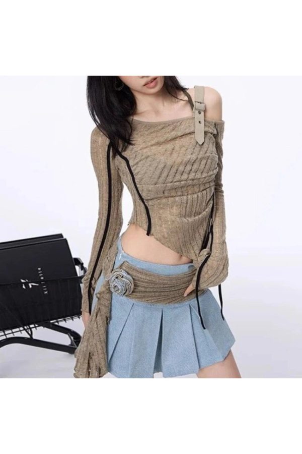 Asymmetrical Strap Detail Knit Top - Y2K Fashion Essential for Summer Outfits