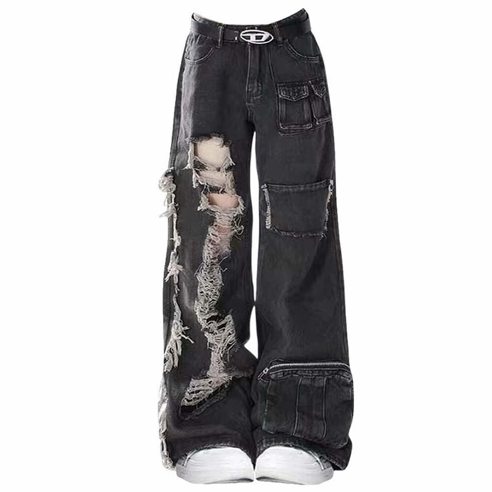 Black Grunge Ripped Jeans: Y2K Fashion Essential for Edgy Outfits