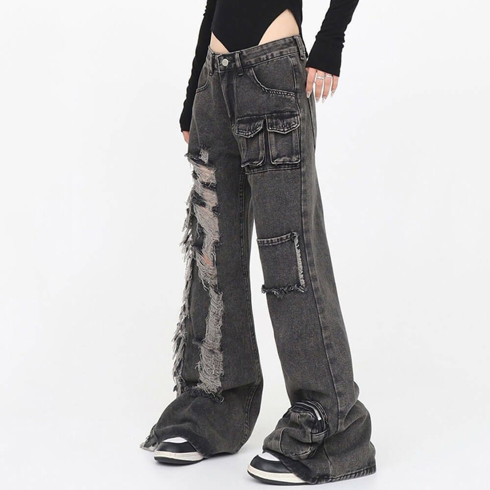 Black Grunge Ripped Jeans: Y2K Fashion Essential for Edgy Outfits