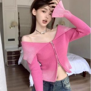 Bubblegum Y2K Off-Shoulder Zip-Up Top for Trendy Summer Outfits