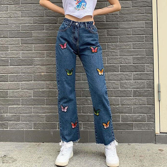 Butterfly Embroidered Cargo Jeans for Y2K Fashion Lovers