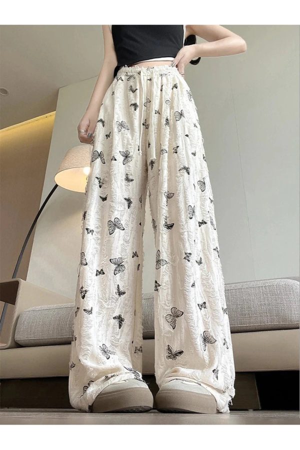 Butterfly Embroidered Wide-Leg Pants for Y2K Fashion Lovers