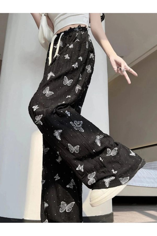 Butterfly Embroidered Wide-Leg Pants for Y2K Fashion Lovers