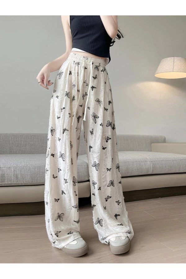 Butterfly Embroidered Wide-Leg Pants for Y2K Fashion Lovers