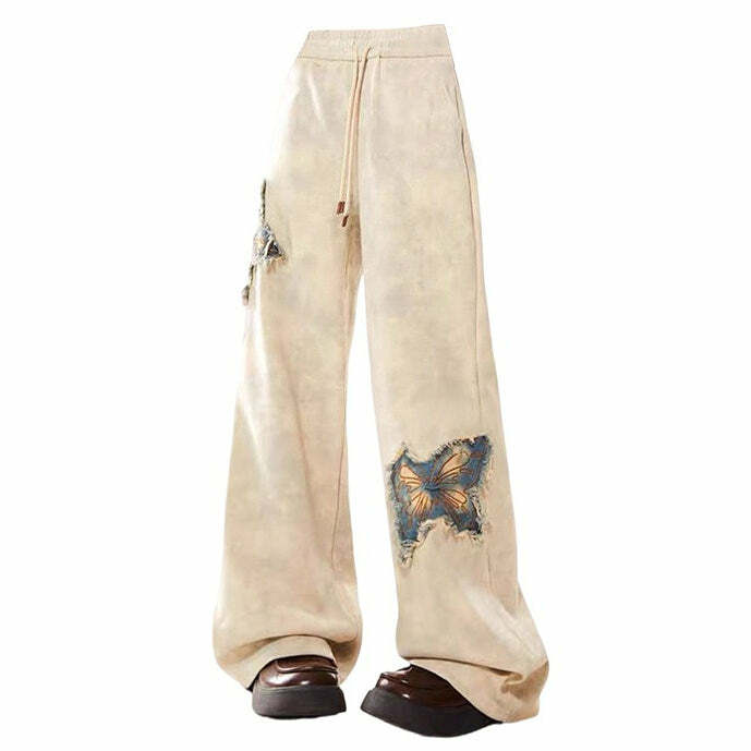 Butterfly Patch Wide-Leg Cargo Pants for Y2K and 90s Fashion Lovers