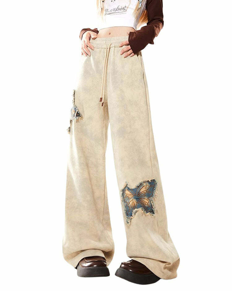 Butterfly Patch Wide-Leg Cargo Pants for Y2K and 90s Fashion Lovers