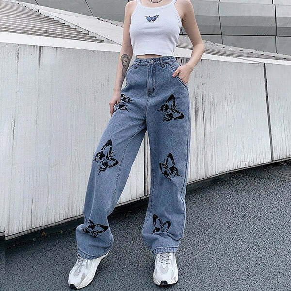 Butterfly Print Baggy Jeans - Y2K Fashion for a Trendy Summer Look