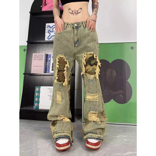 Camo Patchwork Distressed Baggy Jeans for Y2K and 90s Fashion Lovers