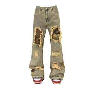 Camo Patchwork Distressed Baggy Jeans for Y2K and 90s Fashion Lovers