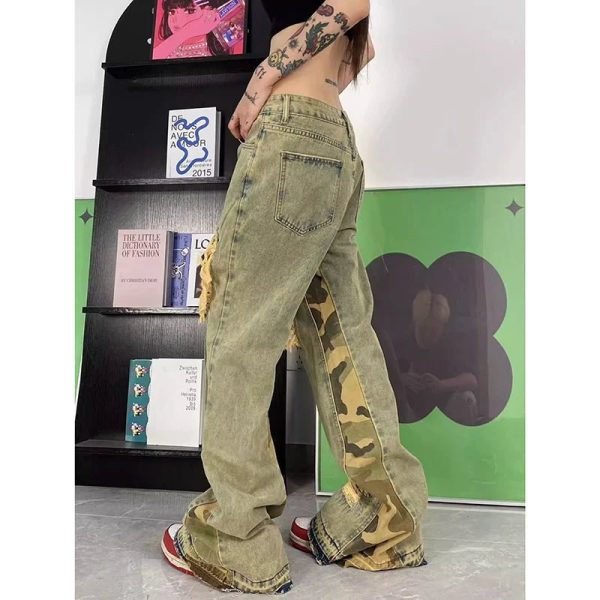 Camo Patchwork Distressed Baggy Jeans for Y2K and 90s Fashion Lovers