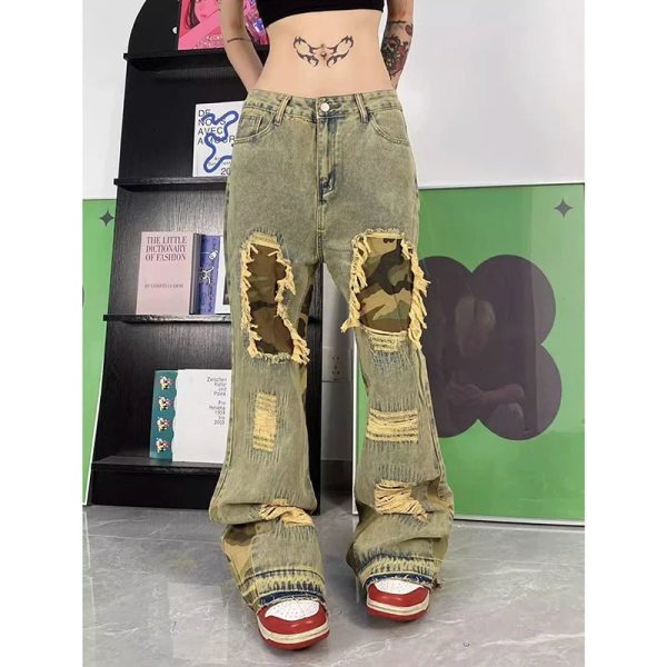 Camo Patchwork Distressed Baggy Jeans for Y2K and 90s Fashion Lovers