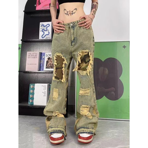 Camo Patchwork Distressed Baggy Jeans for Y2K and 90s Fashion Lovers