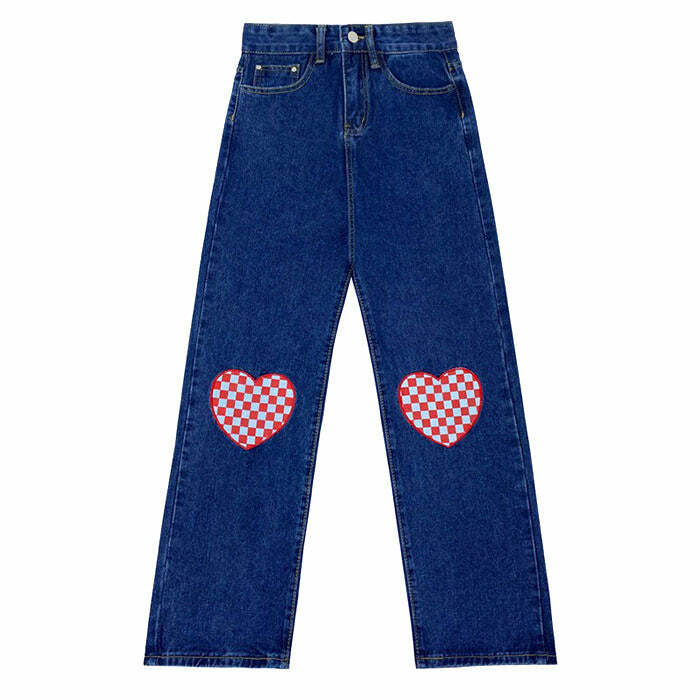 Checker Heart Wide Leg Jeans - Y2K Fashion for Effortless Summer Style