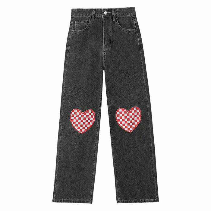 Checker Heart Wide Leg Jeans - Y2K Fashion for Effortless Summer Style