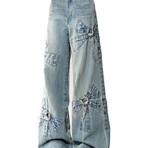 Chic Bow-Accent Wide-Leg Jeans for Y2K Fashion Lovers