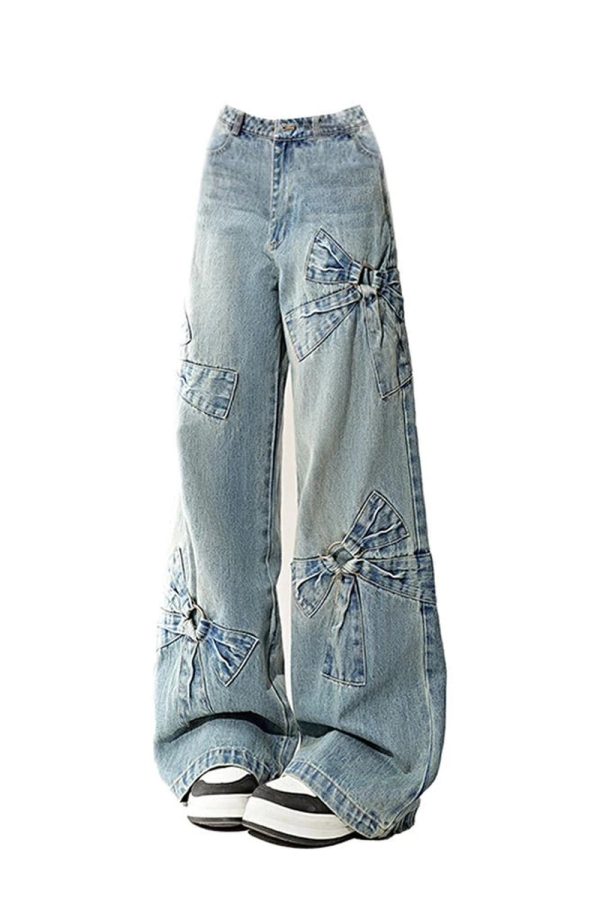 Chic Bow-Accent Wide-Leg Jeans for Y2K Fashion Lovers