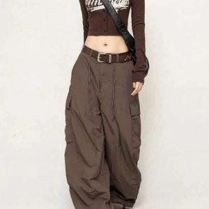 Chic Chocolate Brown Cargo Pants for Y2K Fashion & Grunge Outfits