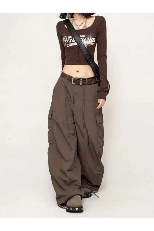 Chic Chocolate Brown Cargo Pants for Y2K Fashion & Grunge Outfits