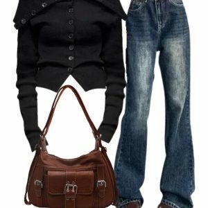 Chic Noir Off-Shoulder Cardigan with Vintage Flare Jeans & Satchel Bag