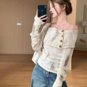 Chic Off-Shoulder Buttoned Knit Top for Y2K Summer Outfits & 90s Fashion