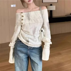 Chic Off-Shoulder Buttoned Knit Top for Y2K Summer Outfits & 90s Fashion