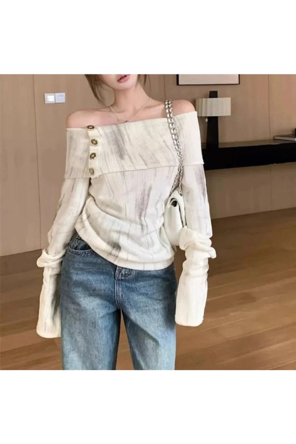 Chic Off-Shoulder Buttoned Knit Top for Y2K Summer Outfits & 90s Fashion