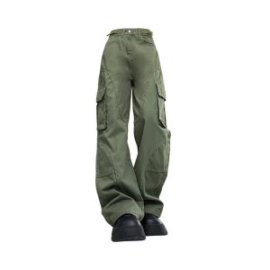 Chic Olive Green Utility Cargo Pants for Y2K and 90s Fashion Lovers