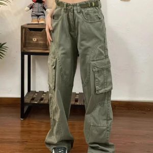 Chic Olive Green Utility Cargo Pants for Y2K and 90s Fashion Lovers