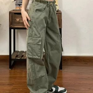 Chic Olive Green Utility Cargo Pants for Y2K and 90s Fashion Lovers