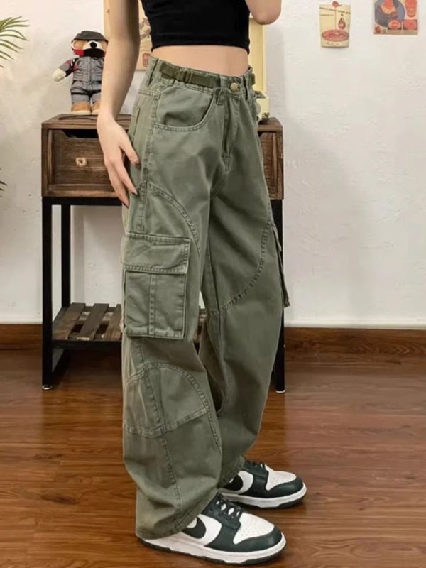 Chic Olive Green Utility Cargo Pants for Y2K and 90s Fashion Lovers