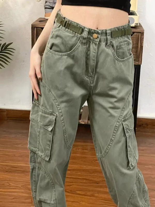 Chic Olive Green Utility Cargo Pants for Y2K and 90s Fashion Lovers