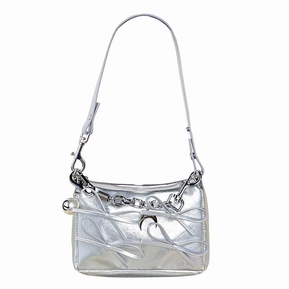 Chic Silver Bows Shoulder Bag for Y2K Fashion & 90s Aesthetic Outfits