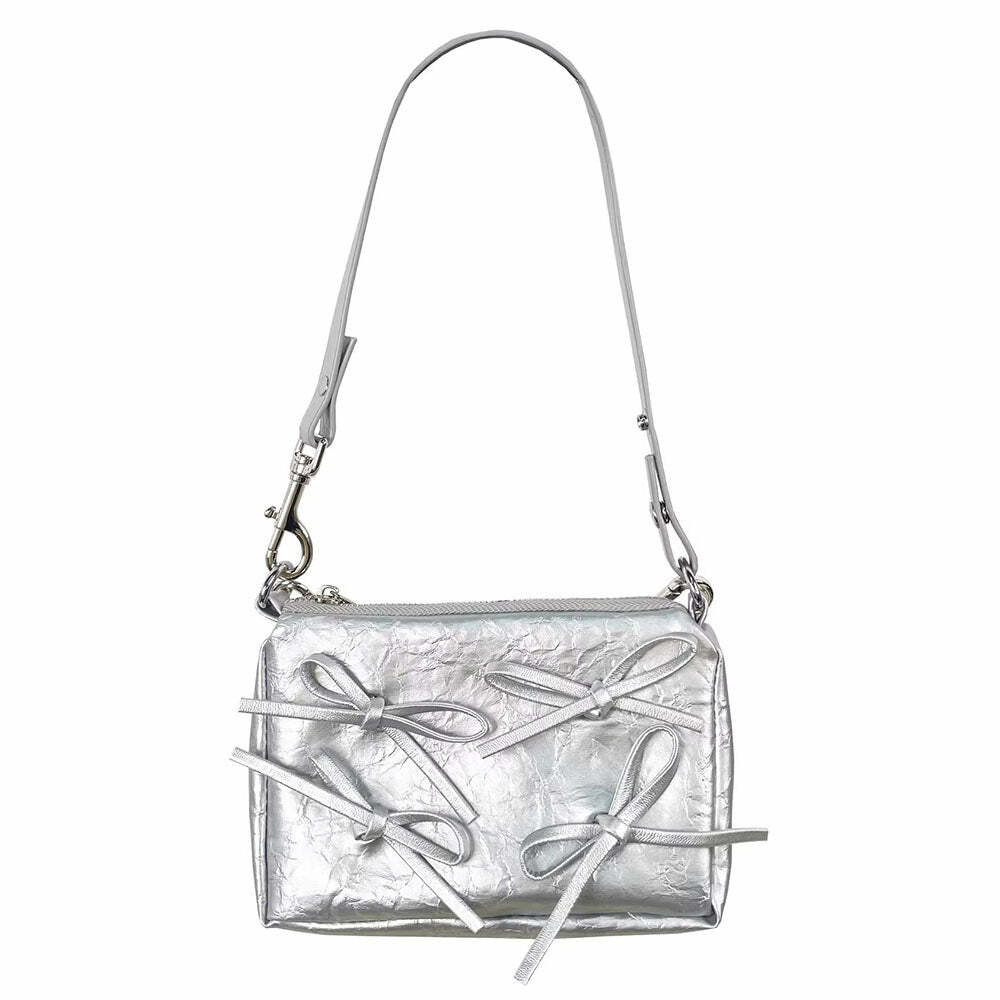 Chic Silver Bows Shoulder Bag for Y2K Fashion & 90s Aesthetic Outfits