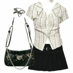 Chic Stripe Blouse & Zipper Skirt Set with Crossbody Bag & Ring