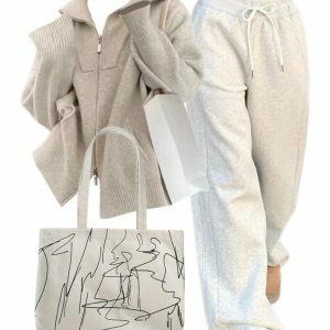 Chic Y2K Cozy Zip-Up Sweater with Vintage Gray Jogging Pants & Bag