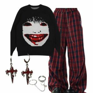 Creepy Smile Knit Sweater & Classic Plaid Baggy Pants: Y2K Aesthetic Outfit