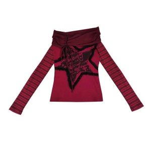 Crimson Chaos Y2K Off-Shoulder Top for Trendy Summer Outfits