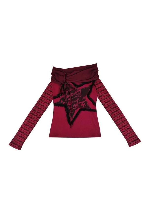 Crimson Chaos Y2K Off-Shoulder Top for Trendy Summer Outfits