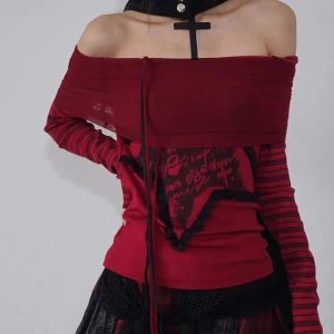 Crimson Chaos Y2K Off-Shoulder Top for Trendy Summer Outfits