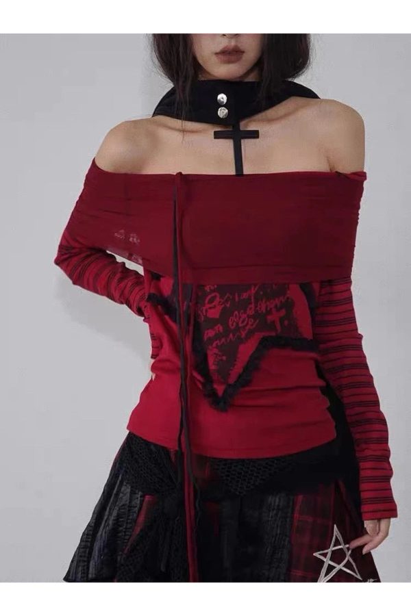 Crimson Chaos Y2K Off-Shoulder Top for Trendy Summer Outfits