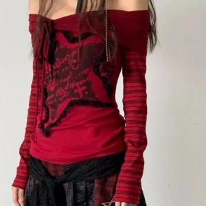 Crimson Chaos Y2K Off-Shoulder Top for Trendy Summer Outfits