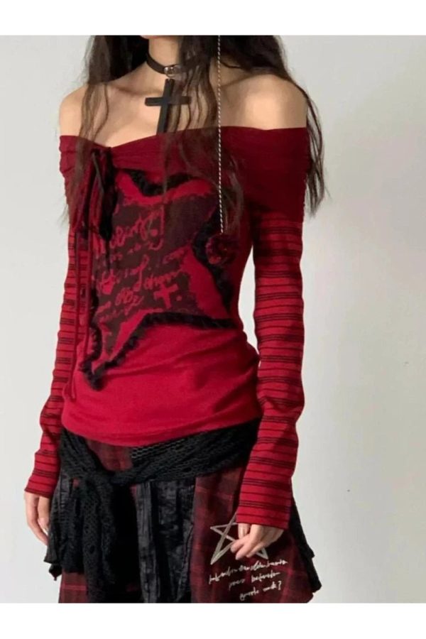 Crimson Chaos Y2K Off-Shoulder Top for Trendy Summer Outfits