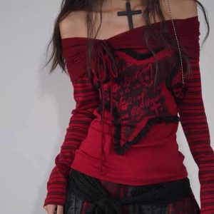 Crimson Chaos Y2K Off-Shoulder Top for Trendy Summer Outfits