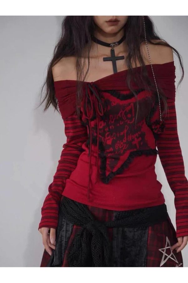 Crimson Chaos Y2K Off-Shoulder Top for Trendy Summer Outfits