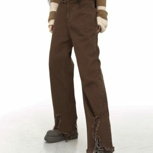 Distressed Brown Straight Leg Jeans for Y2K and 90s Fashion Lovers